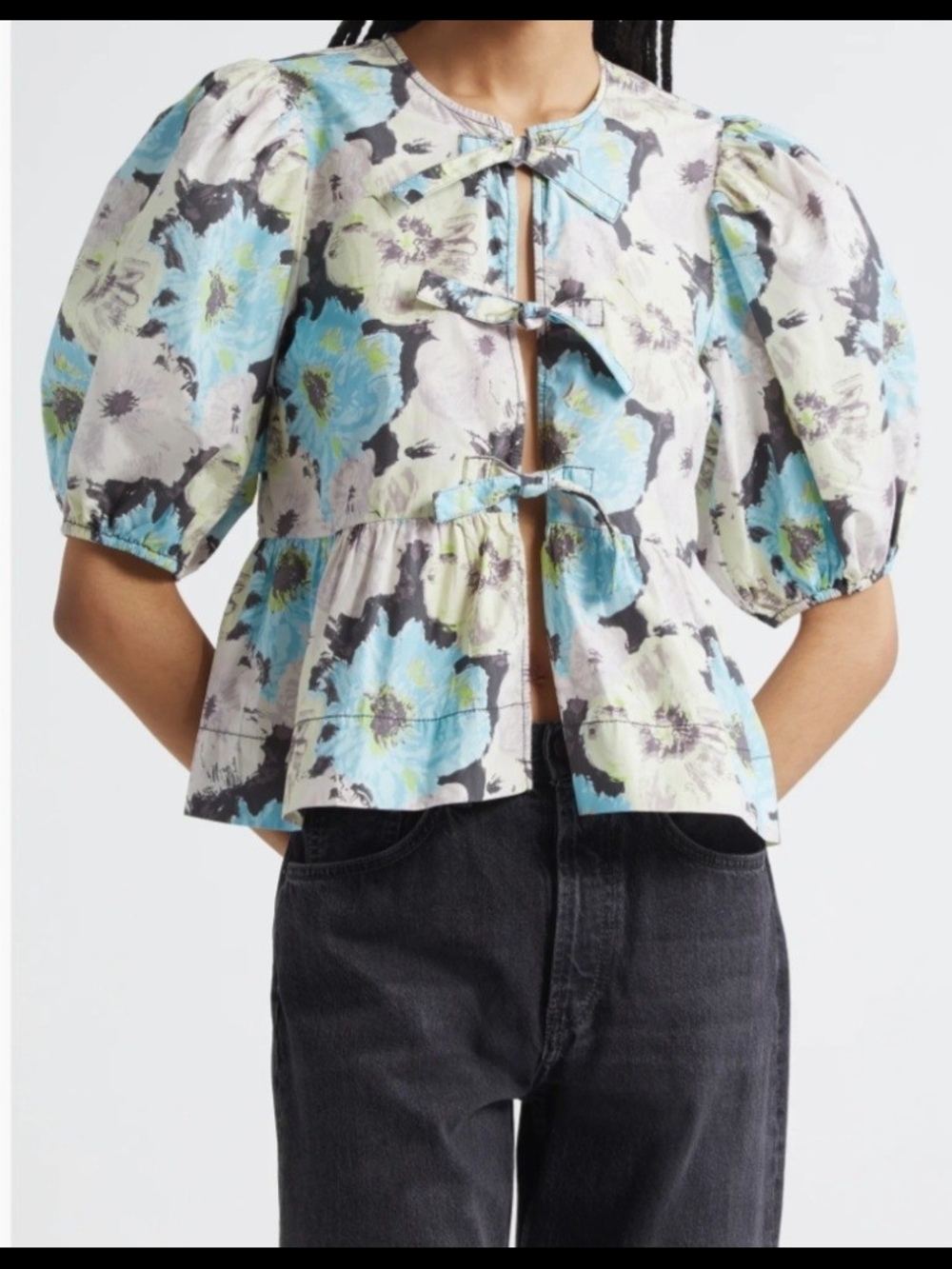 Ganni Prnted Blousr  Puff-Sleeve Tie-Front Size 36